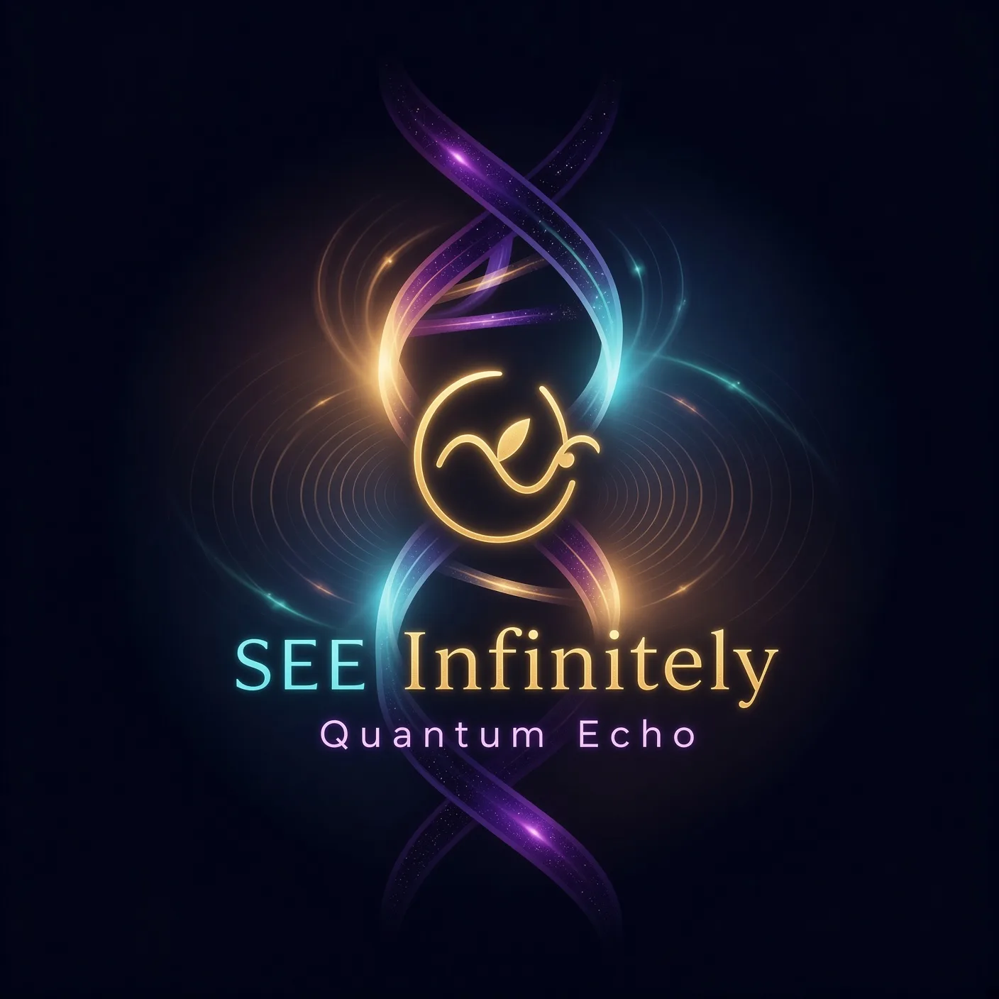 SEE Infinitely Quantum Echo logo with a luminous DNA helix and the SEE Infinitely mark