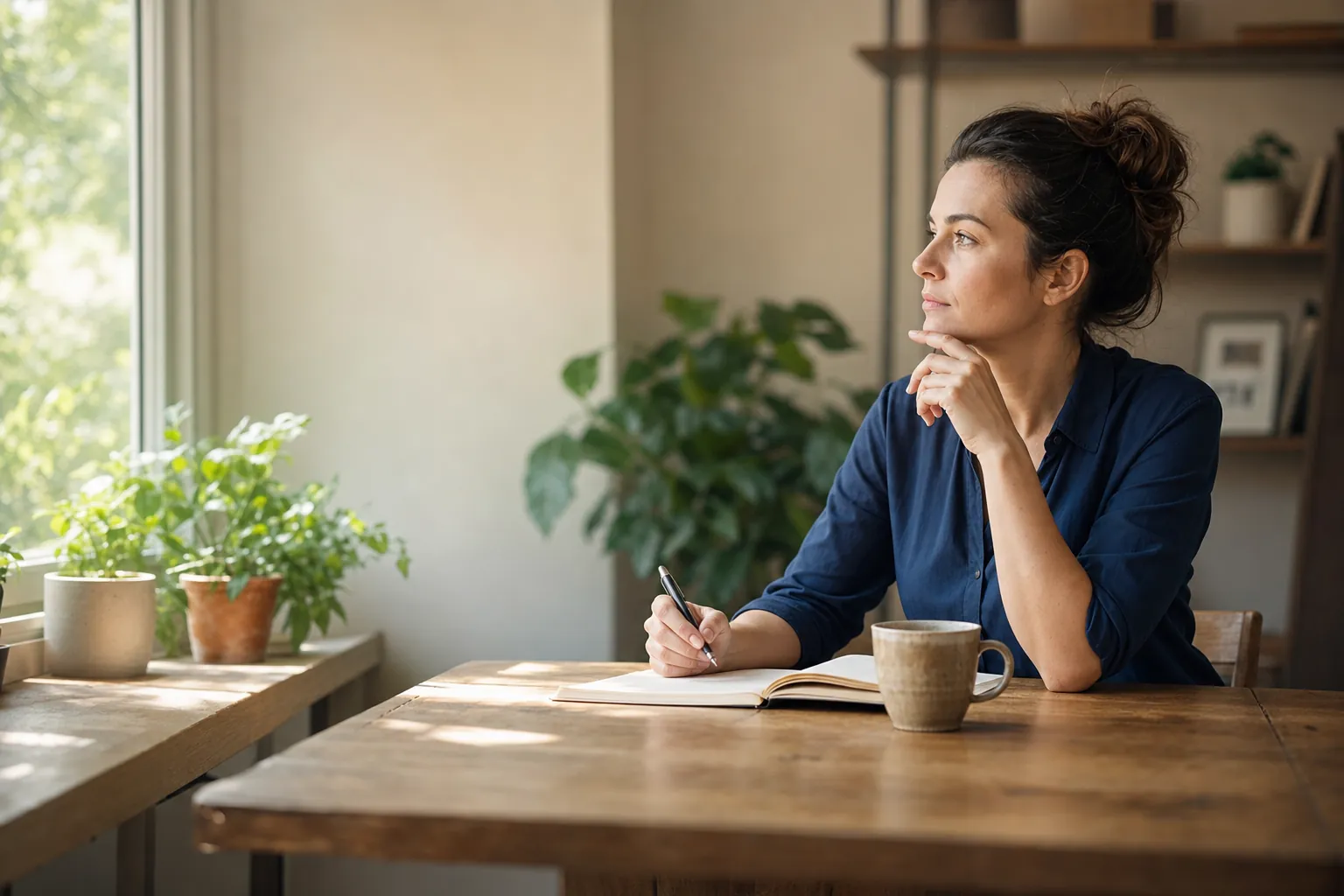 A woman pausing with a notebook at a sunlit table